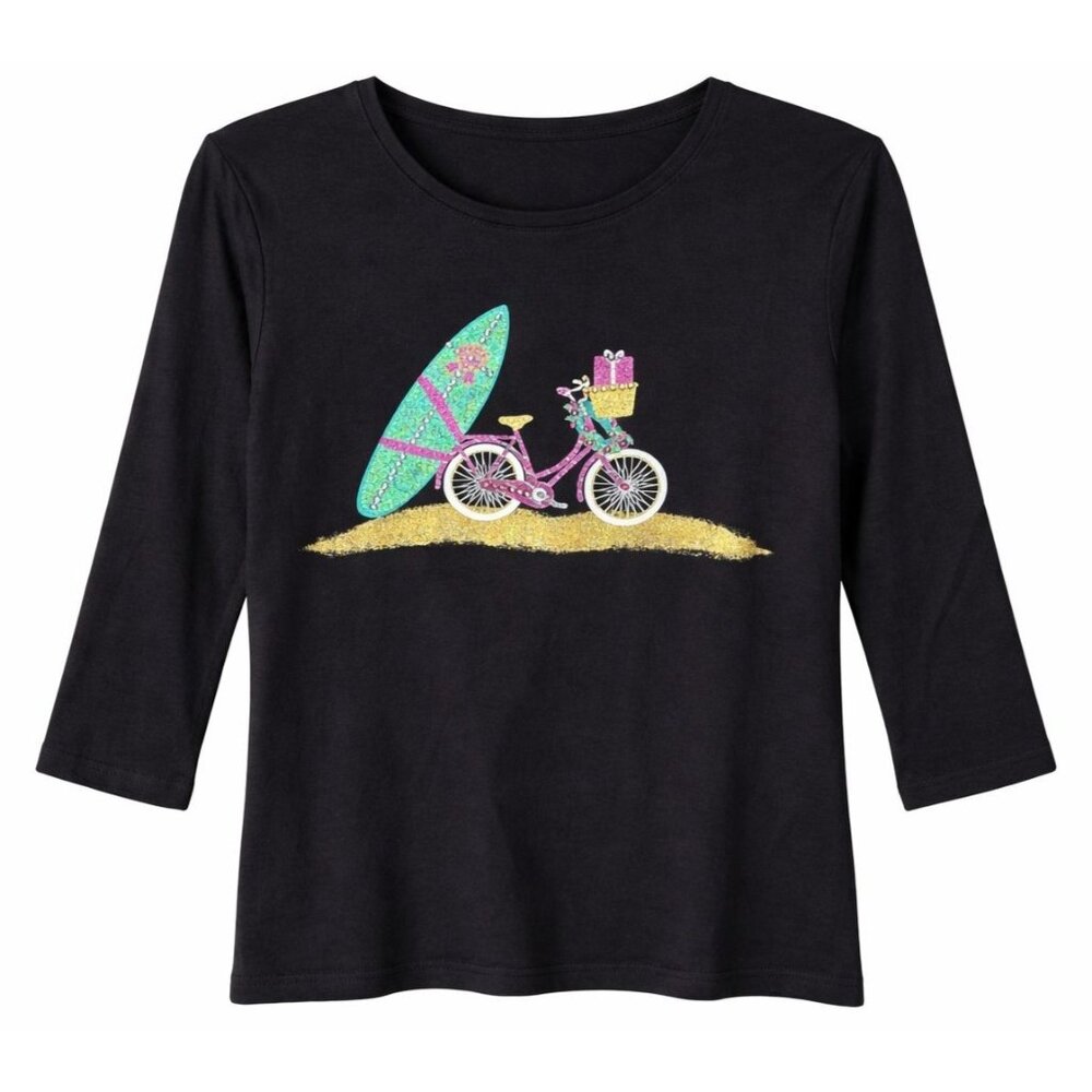 Karen Scott Size PP Black 3/4 Sleeve Shirt Embellished Bicycle & Surfboard